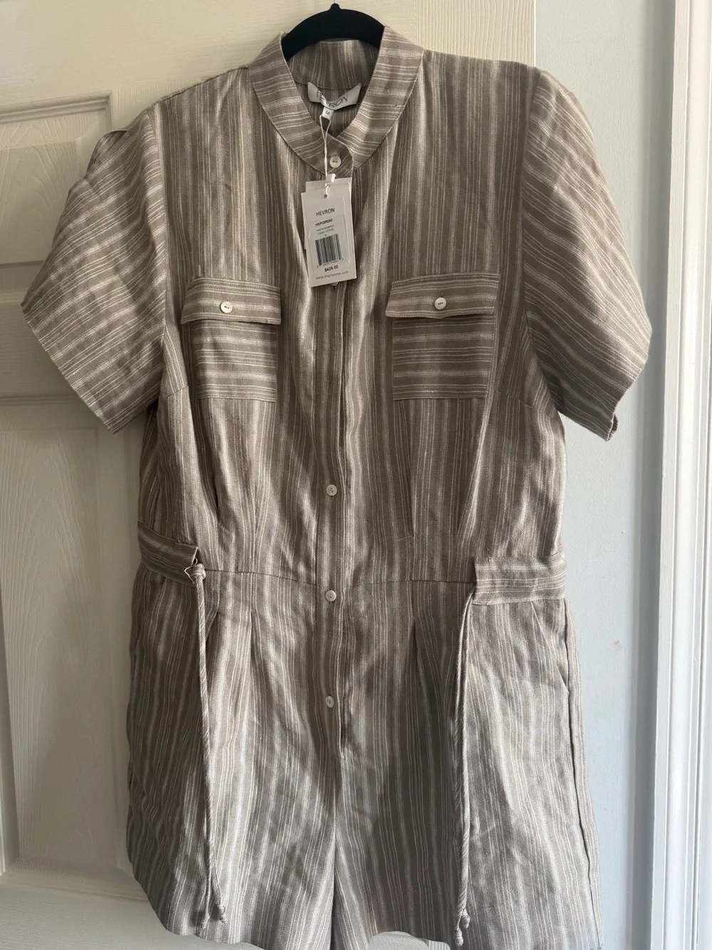 HEVRON Linen Striped Button-Front Short Sleeve Romper - Taupe & White NWT